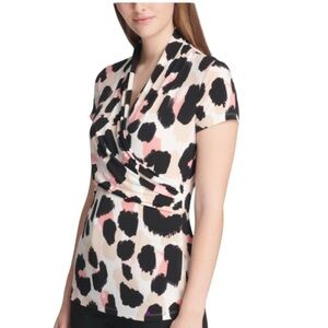 DKNY Dusty Rose & Guava Pink Leopard Ruched Surplice Top